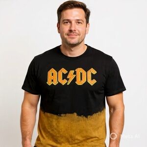 ACDC Ombre Bleach Graphic Tee White Washed Cotton Tan Black M